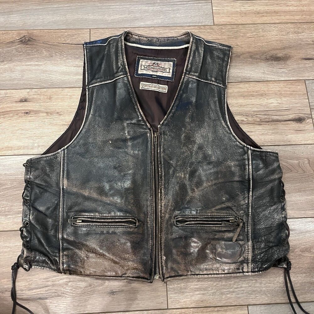 Milwaukee Motorcycle Black Brown Vest Mens 2XL Biker Full Zip Vintage Collection